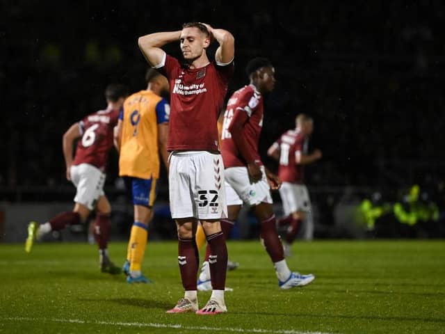Cobblers striker Danny Rose shows his disappointment as a chance goes begging against Mansfield Town