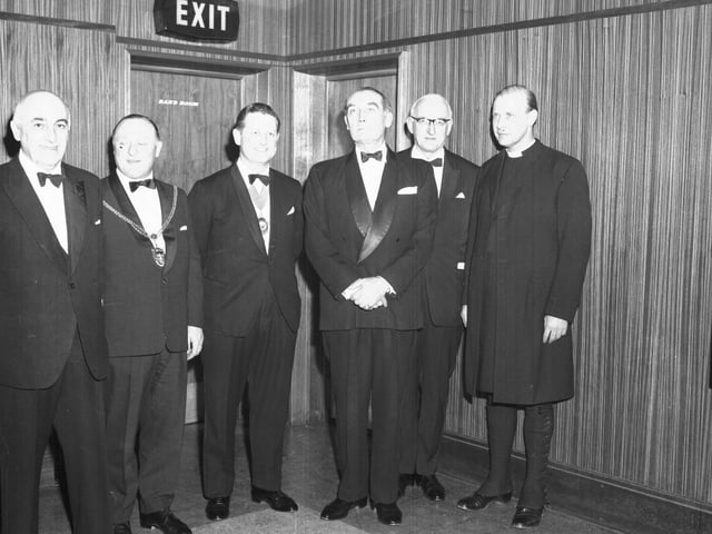 Looking Back Old glass negs February 28, 1966 Bishop at Institute of Bankers dinner at the Salon, Franklin's Garden, Northampton.