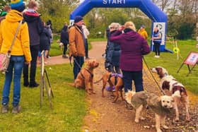 Dogs and their owners prepare to set off for Walkies for Cynthia at Brixworth Park