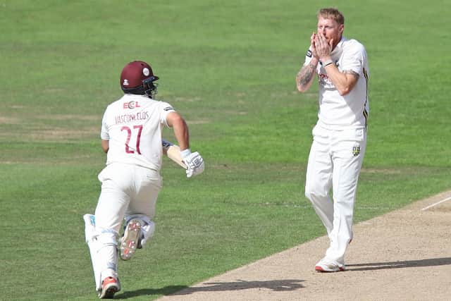 Durham's Ben Stokes can't believe he hasn't claimed the wicket of Ricardo Vasconcelos (Picture: Peter Short)