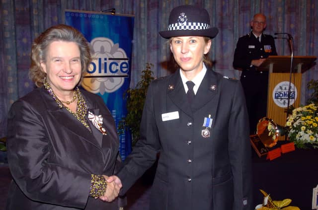Northamptonshire Police Awards ceremony. Long service award. Lord Lieutenant Lady Juliet Townsend with Sgt Cathy Patrick