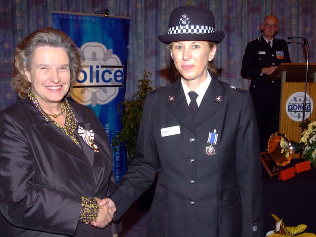 Northamptonshire Police Awards ceremony. Long service award. Lord Lieutenant Lady Juliet Townsend with Sgt Cathy Patrick