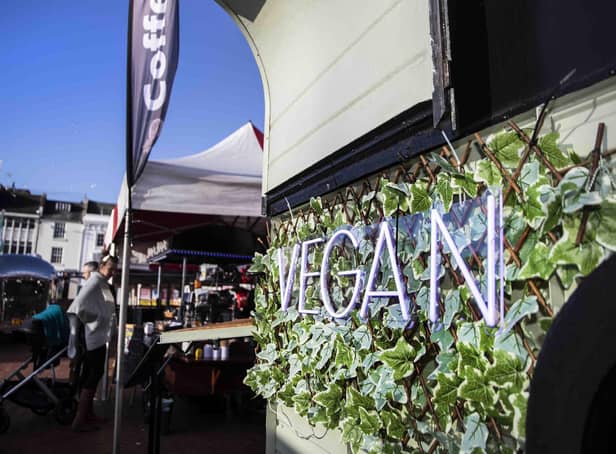 Vegan Market Co in Market Square, Northampton town centre in January 2022. Photo by Kirsty Edmonds.