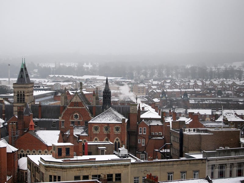 A view of a snowy Northampton taken from The Grosvenor Centre Car Park.