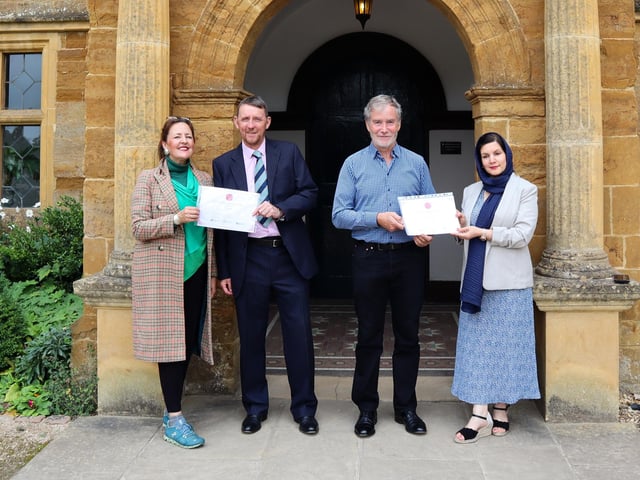 Rachel McGrath, CEO at Northamptonshire Community Foundation & Syrah Nazir, Trustee at Northamptonshire Community Foundation, presenting Dr David Smart from Action 4 Happiness Northants & Pete Spink from Space to Talk with their Rose of Northamptonshire Awards
•	Dr David Smart has helped to develop the Action 4 Happiness Northampton Hub, providing the community with free resources and a safe space to support mental health and wellbeing
•	Pete Spink co-founded Space to Talk, a not-for-profit community organisation supporting members of the community who are struggling with their mental health, isolation and other worries.
