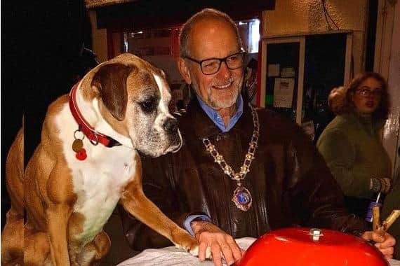 Telly star Biff helped Daventry Mayor Mike Arnold with the Christmas Lights switch on in 2019