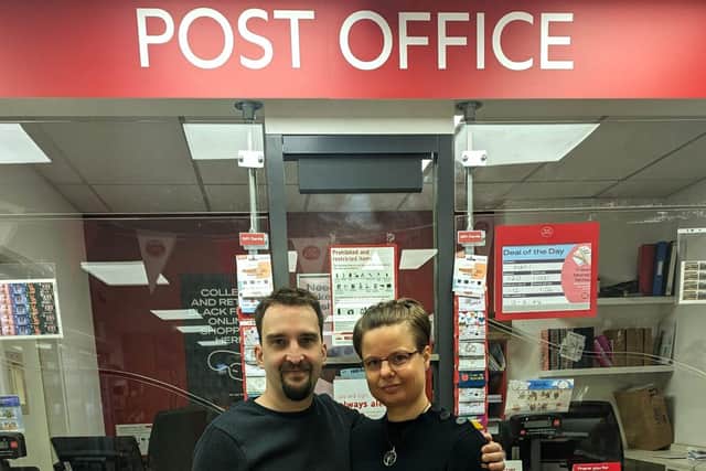 Frédérick Brejouin &amp; Anikó Gondos pictured inside their Kingsthorpe Post Office