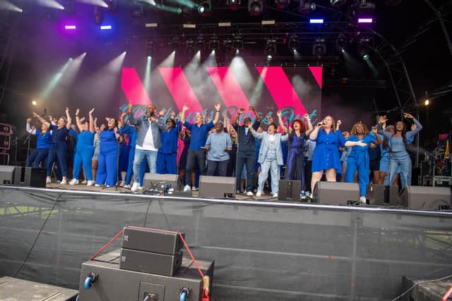 The Northants Sings Out choir on stage at the A Perfect Day festival at Delapre Park in Northampton on Sunday, June 16, 2024. Photo by David Jackson.