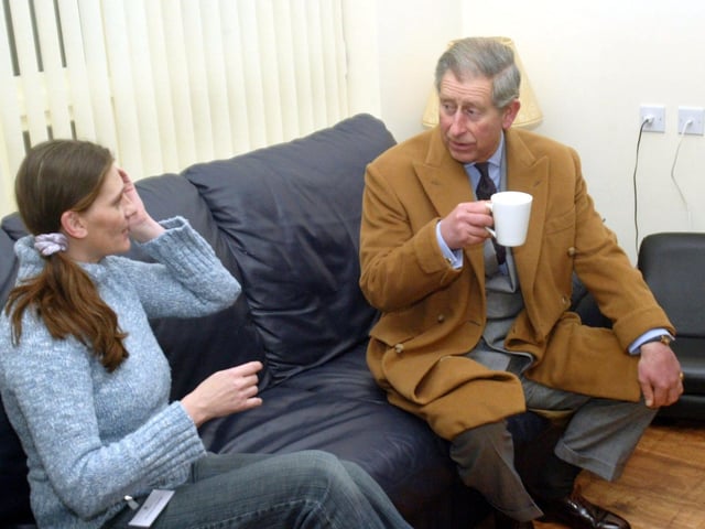 Prince Charles shares a cuppa with Debbie Harding on his visit to Upton