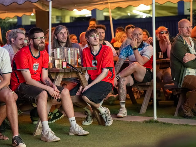 Football fans watching England vs Norway in the garden of The Black Prince in Northampton on Saturdy, July 11, 2026. Photo by David Jackson.
