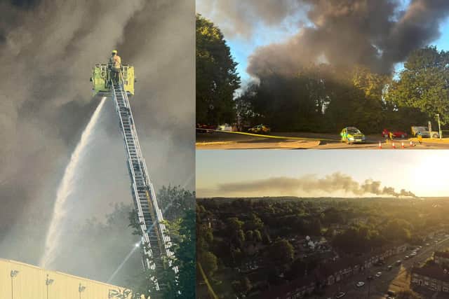 A huge fire took hold of a factory in Lodge Farm Industrial Estate on Saturday July 11. Photos: Left - Katie Stuart, top right - Chris Flavin-Sweeney, bottom right - Cameron Biddiscombe.