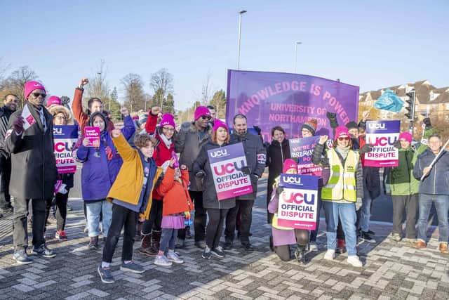 UCU members striking at the Bedford Road entrance to the University of Northampton on February 1.
