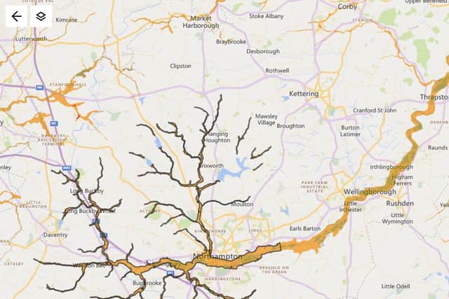 Flood alert area: Low-lying undefended areas of the River Nene between Daventry and Billing. Tributaries may also affect Daventry, Weedon, Badby, Nether Heyford, Bugbrooke, Blisworth, Collingtree, and Moulton.