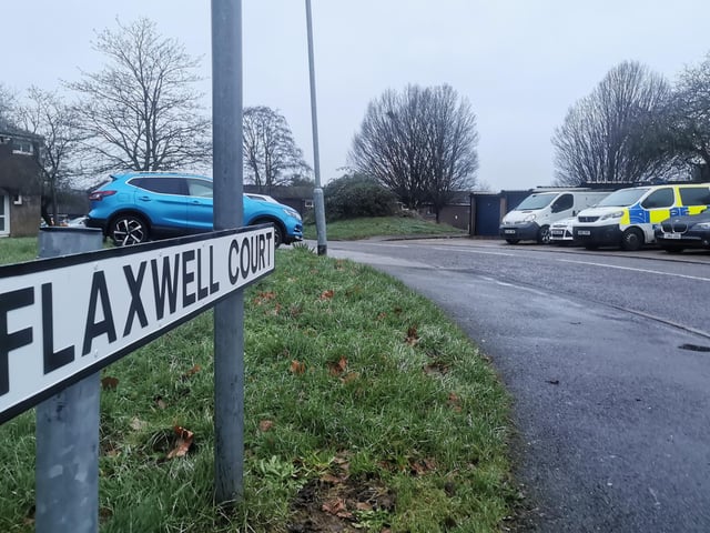 This was the crime scene in Flaxwell Court, Standens Barn, on Thursday at 3pm, where police were investigating the murder of a man in his 20s.