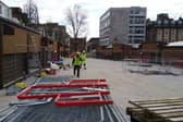 New stalls being fitted on the revamped Market Square in Northampton.
