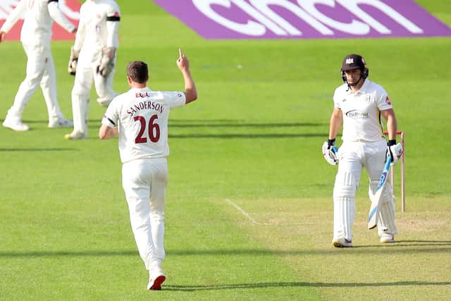 Ben Sanderson celebrates claiming the wicket of Graeme van Buuren (Picture: Peter Short)