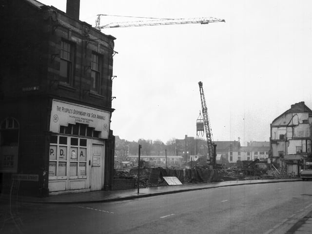 Demolition on January 21, 1970 Marefair junction with Doddridge Street, Northampton town centre, PDSA building