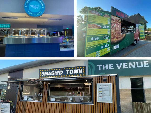 Billing Aquadrome offers a variety of food options, including Boatyard Fish and Chips, Papa John's Pizzas, and Smash’d Town Burgers.