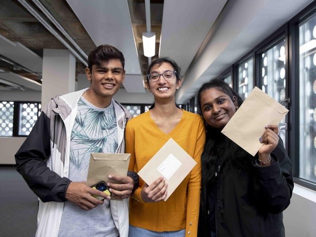 Luke Thomas, high achiever Glirstar John De Britto, and Megha Kavitha Siva from Northampton International Academy were pleased with their results.