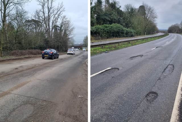 Readers have told us on social media that Crow Lane (left) and the A4500 near Upton (right) are currently in a terrible state.