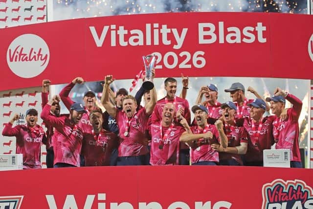 Steelbacks skipper David Willey lifts the 2026 Vitality Blast title trophy (Picture: Peter Short)