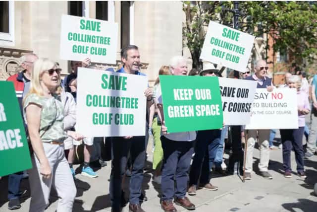 In April, dozens of residents and golfers gathered outside Northampton Guildhall to protest against the proposed housing allocation.