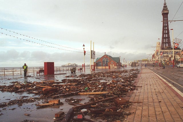 Debris left after a storm in 1999 on Blackpool promenade