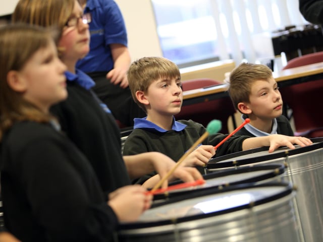 Abbeyfield School drumming workshop, led by former pupil Tom Nicholson.