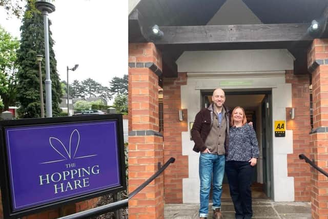 Derren Brown with The Hopping Hare deputy manager Sarah Mitchell. The magician stayed at the hotel while playing his latest show, Showman, at the Dernagte