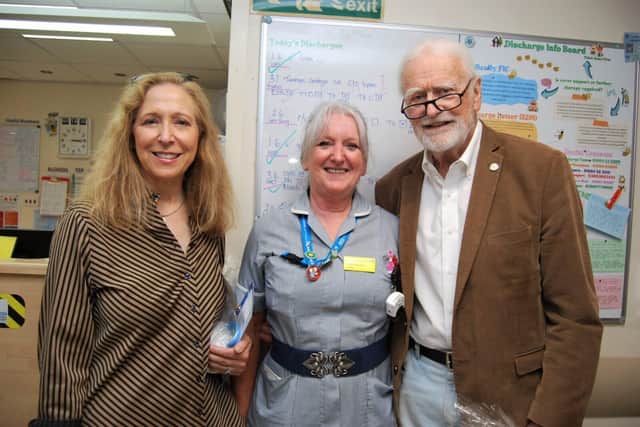 DAISY Foundation founders Mark and Bonnie Barnes with Staff Nurse Caroline Marriott from Collingtree B surgical ward.