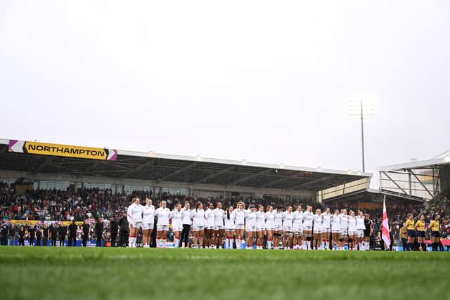 The players of England line up during the National Anthem prior to the Women's Rugby World Cup 2025 Pool A match between England and Samoa at Franklin's Gardens on August 30, 2025 in Northampton, England. (Photo by Dan Mullan/Getty Images)