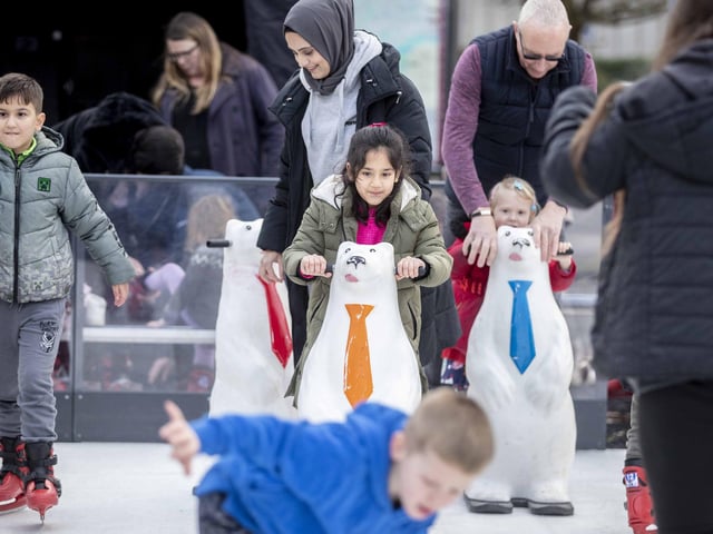 West Northamptonshire Council (WNC) has put on a free ice skating rink at the temporary market, as part of festivities in 2023.
