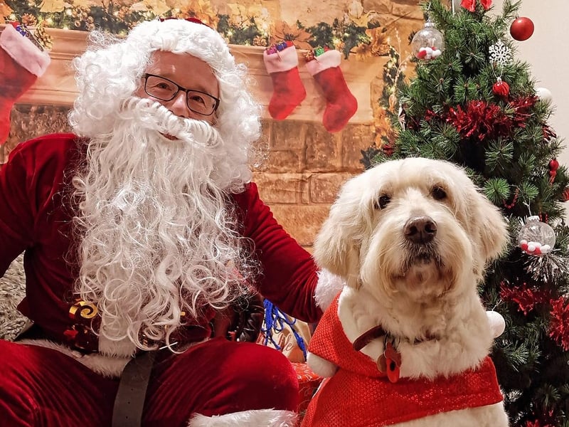 Fella dressed as Santa to meet Santa.