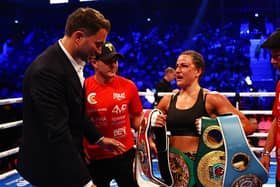 Chantelle Cameron speaks to Eddie Hearn after becoming undisputed super-lightweight champion with her win over Jessica McCaskill  in November