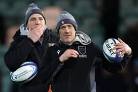 NORTHAMPTON, ENGLAND - JANUARY 12: Phil Dowson, Director of Rugby at Northampton Saints and Head Coach Sam Vesty, look on during the warm up prior to the Investec Champions Cup match between Northampton Saints and Aviron Bayonnais at cinch Stadium at Franklin's Gardens on January 12, 2024 in Northampton, England. (Photo by Catherine Ivill/Getty Images)
