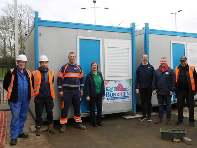 Rachel Dockerill and Major Gary Chaundy from Peterborough Citadel Salvation Army, Vaughn Williams, Operations Manager from Light Project Peterborough, John Boyce from Vista Property & Project Management Ltd and staff from Crowland Cranes. Photo: The Light Project Peterborough
