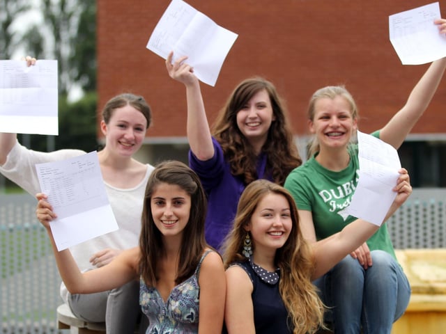 2012 - A level results at Northampton School for Girls, Spinney Hill Road, Northampton. Front L-R Bethany Warner and Idia Rand. Back L-R Emma Culverhouse, Aisling Redmonds and Ellie Jackson.