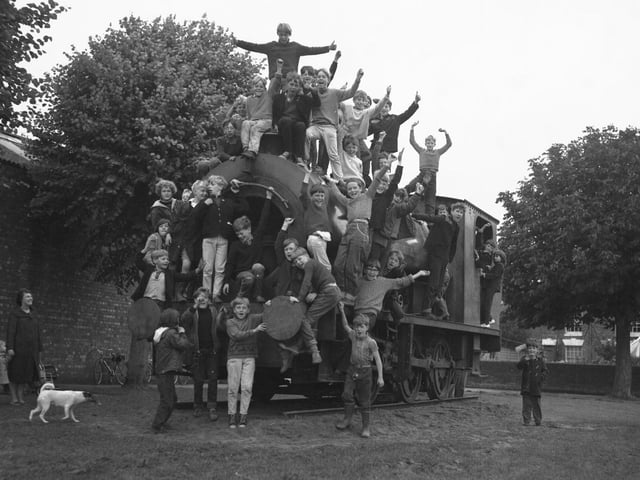 Looking Back old glass negs August 12, 1966 Steam engine at Daventry playground