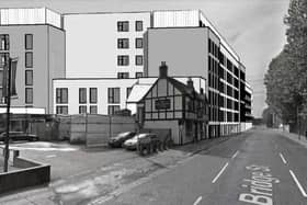 An artist's impression of what the flats would have looked like next to The Malt Shovel pub