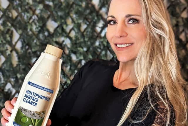 Nadia Winstone, strategic account manager at Biovate Hygienics, with the new plastic free bottle.
