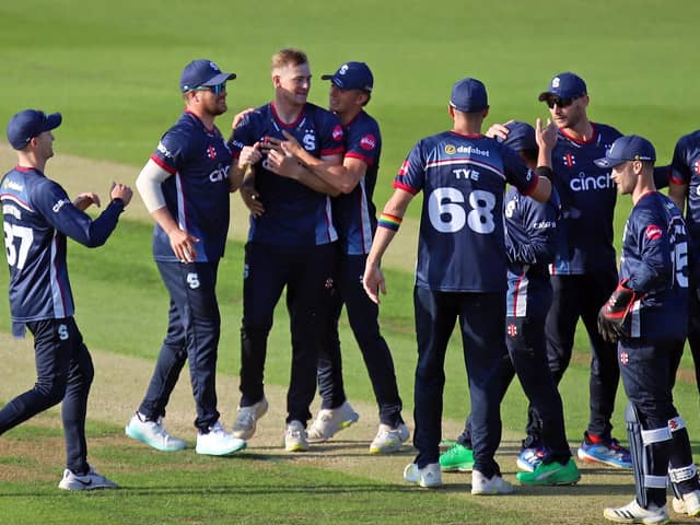 Northants Steelbacks celebrate claiming a wicket in the Worcestershire Rapids innings (Picture: Peter Short)