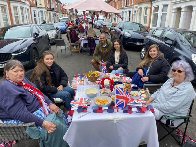 Street party goers in Ashburnham Road, Abington enjoyed live music, a raffle and a game of pin the crown on the Queen.