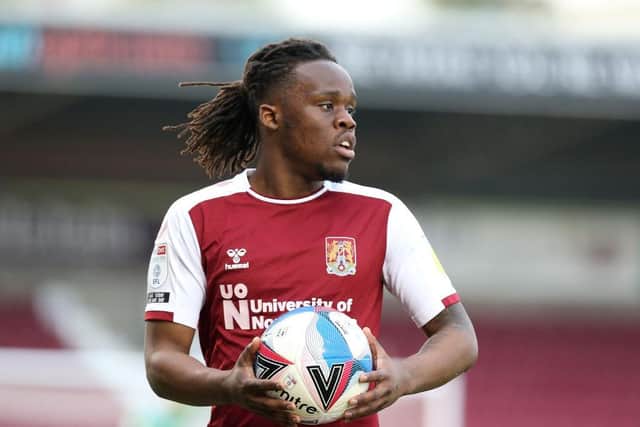 Peter Kioso in action for Northampton during the Sky Bet League One match between Cobblers and Ipswich Town at Sixfields in 2021. (Photo by Pete Norton/Getty Images)