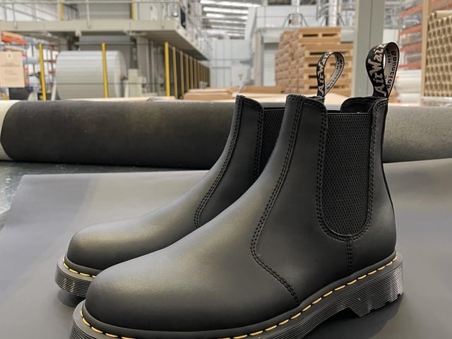 A pair of the new Dr. Martens boots made from sustainable materials created from waste leather by Peterborough-based Gen Phoenix