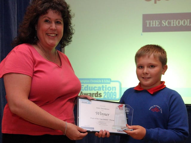 The 2009 Education Awards in conjunction with Term Time at the Freemasons Hall, Trinity Avenue, Northampton. Pupil of the Year (Primary) - sponsored by The Schoolwear Shop Winner: Adam Saunderson - Hopping Hill Primary School Presenting is Sally Dowzell, The Schoolwear Shop