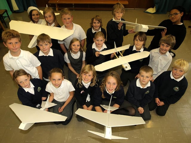 Pupils with metre long gliders they made at Walgrave Primary School.