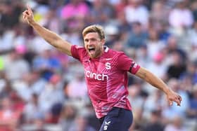 David Willey celebrates claiming the wicket of Hampshire Hawks opener Toby Albert in the Vitality Blast final