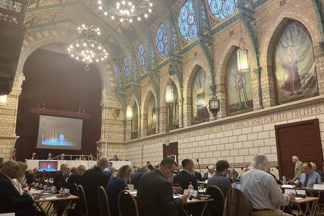 The meeting took place in the council chamber of the Guildhall, Northampton. Councilors discussed the overspend for the Children\'s Trust and how to reduce costs whilst still offering young people much-needed support. 
Credit: Nadia Lincoln LDR 