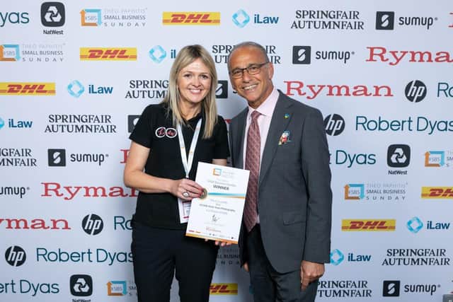 Pictured: Dragon's Den star Theo Paphitis with Carrie Wilkes, Founder and owner of CO Kids Early Years Photography.