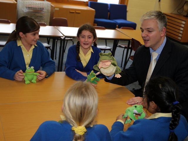 Northampton High School, Junior School. Andrew Noakes, new headteacher of the Junior School, in a French lesson with frog puppets. Pictured in 2009.